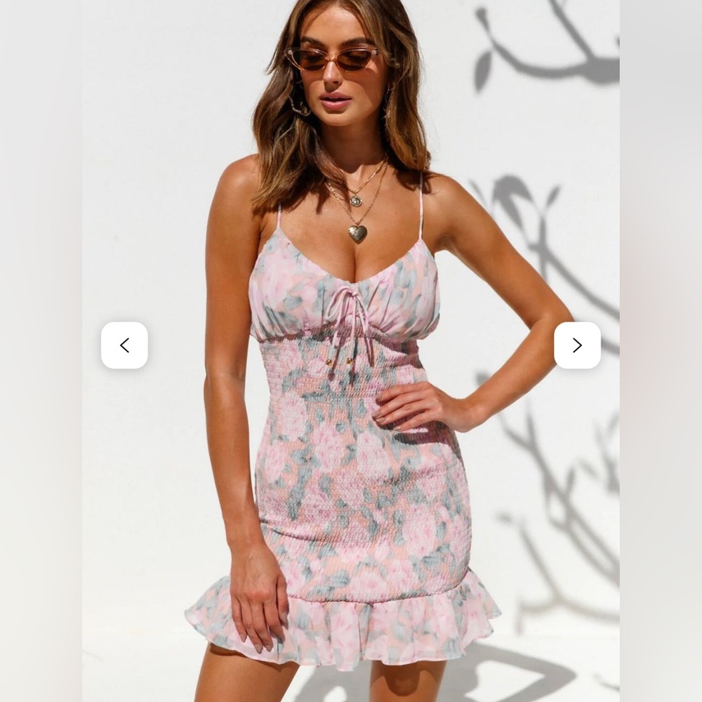Light Pink Floral Smocked Mini Dress with Ruffle Hem